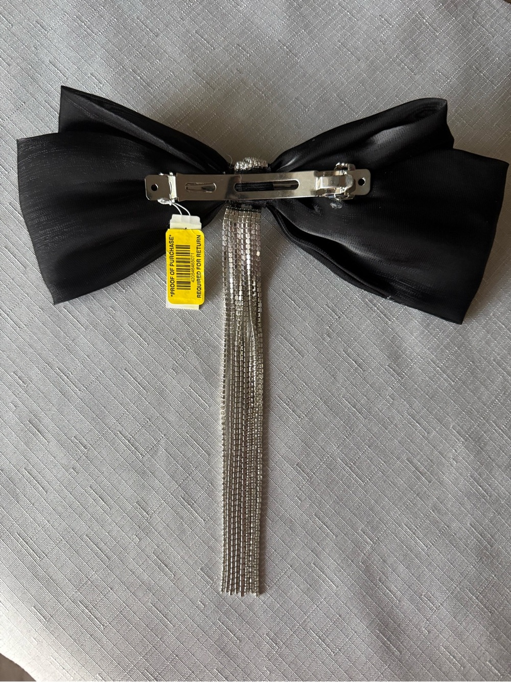 Anna & Ava Black Satin Bow Barrette Hair Clip with crystal Fringe Tassel - Picture 3 of 5
